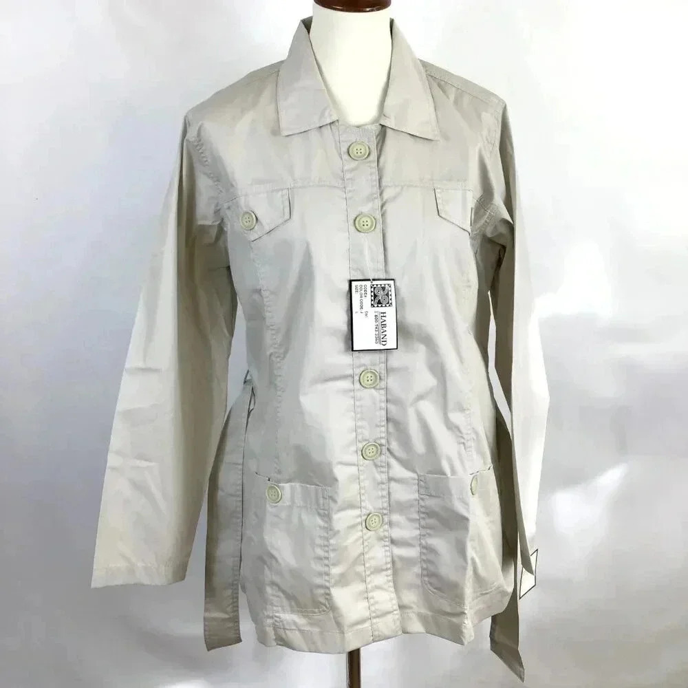 Women's Haband Short Trench L Windbreaker Chore Coat Beige Sash Belt Button-Up